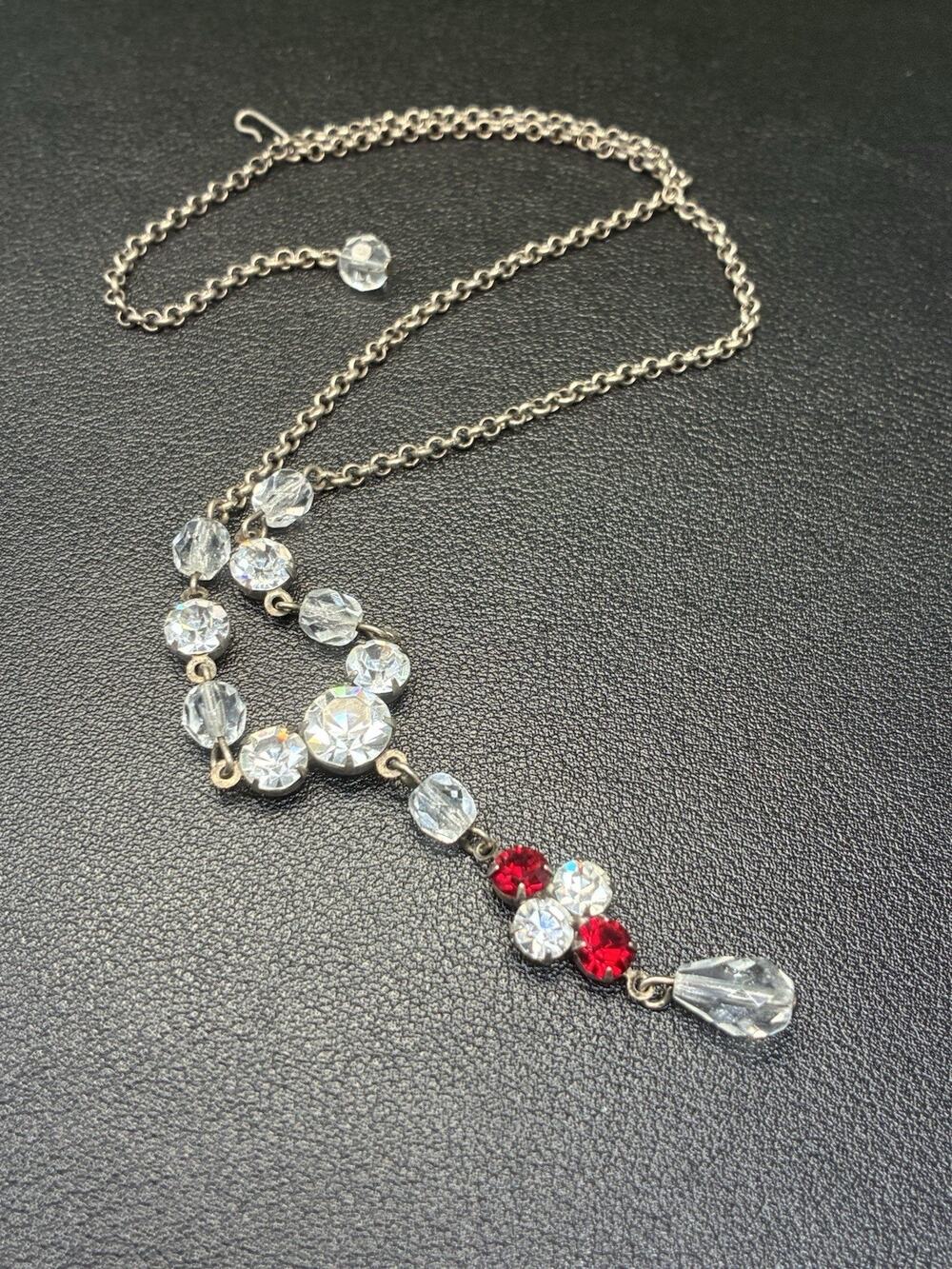 Vintage Red And Clear Crystal Bead Statement Necklace with Y Drop Pendant